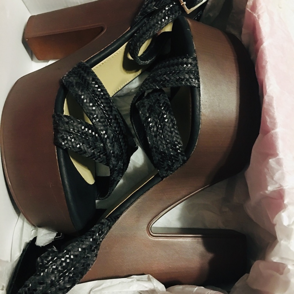 Oak Colored Base, Black Strappy Block Heels